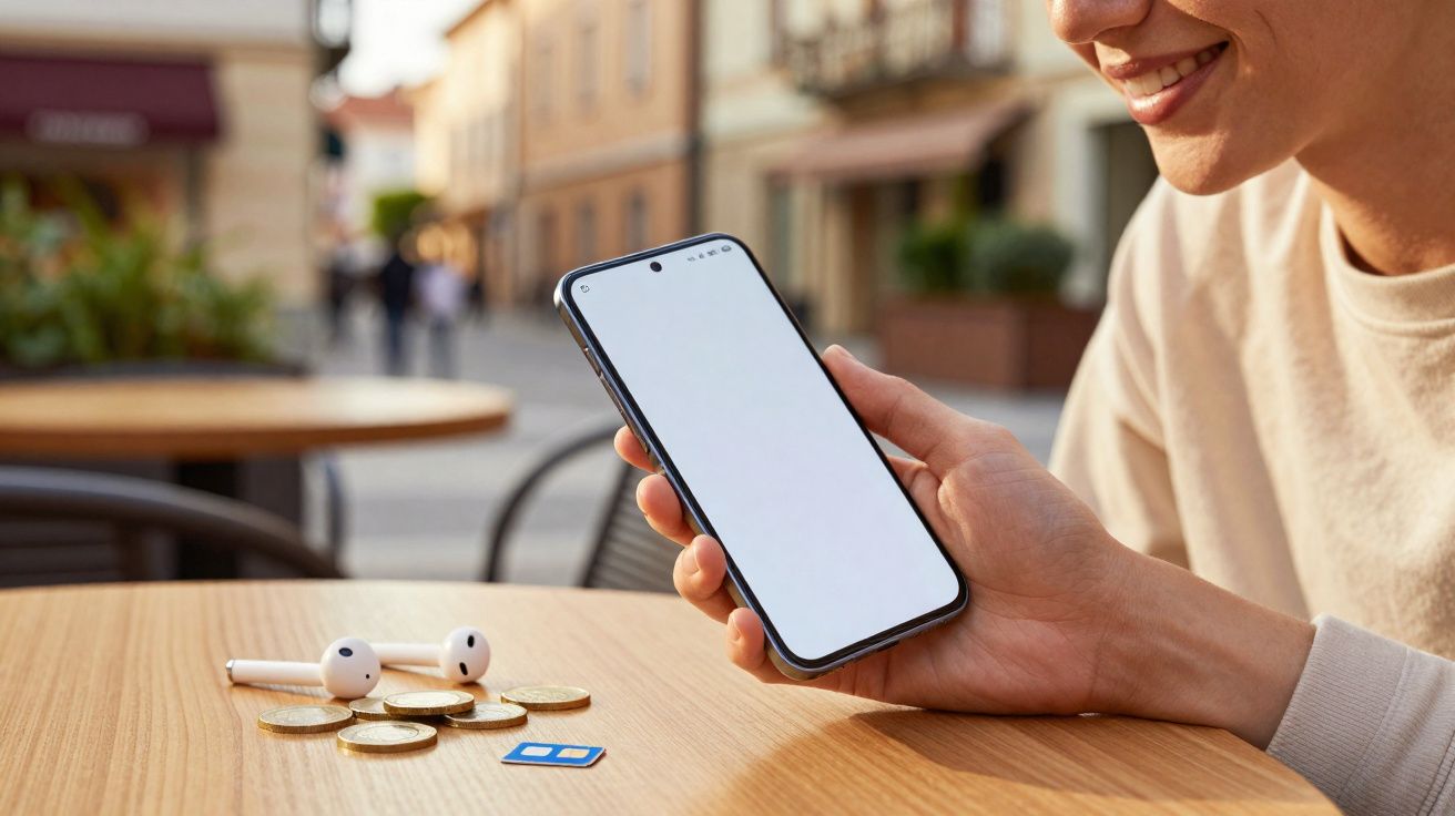 Pessoa sorridente segura telemóvel com ecrã vazio, mesa com moedas, auriculares e cartão SIM numa esplanada.