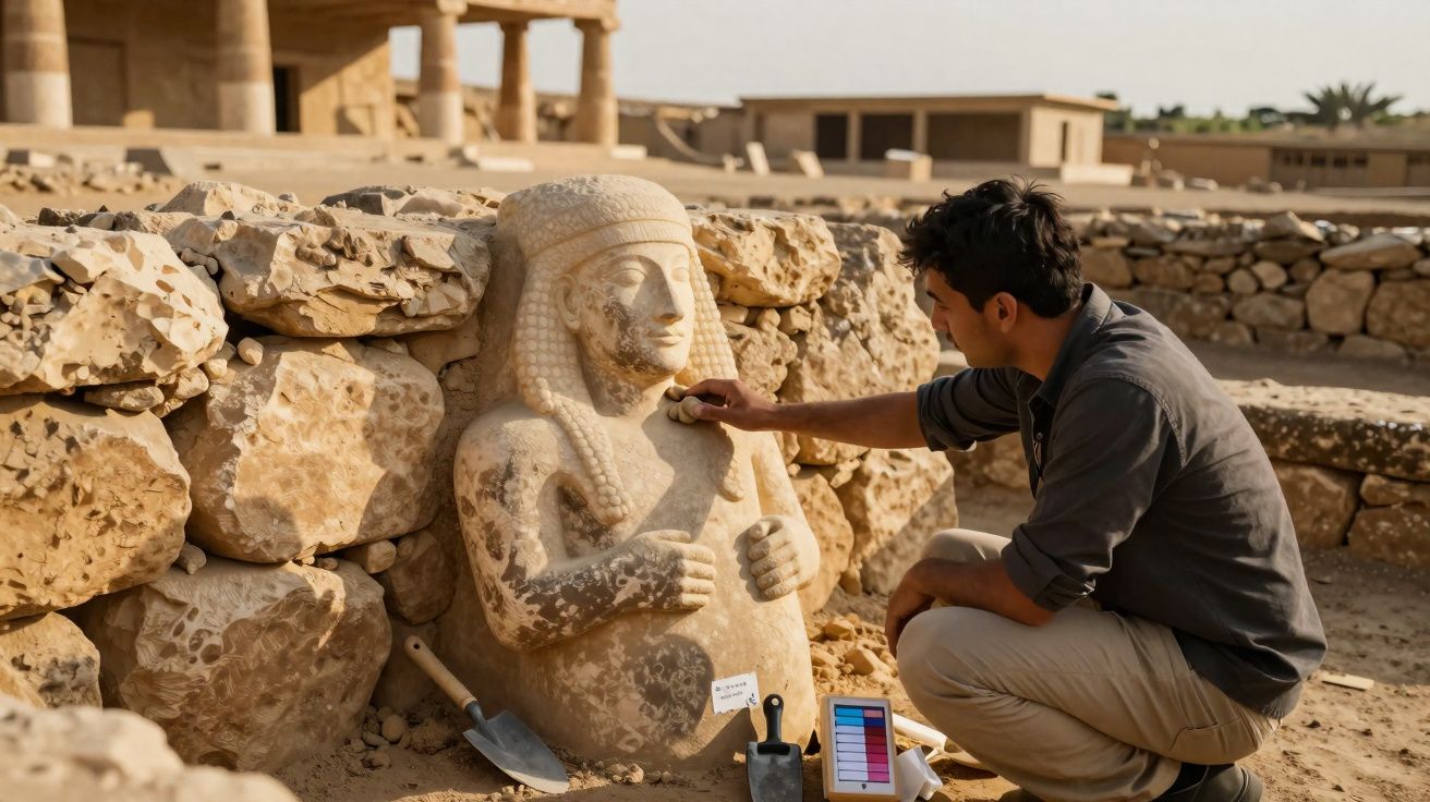 Arqueólogo examina estátua antiga de pedra num sítio arqueológico a céu aberto.