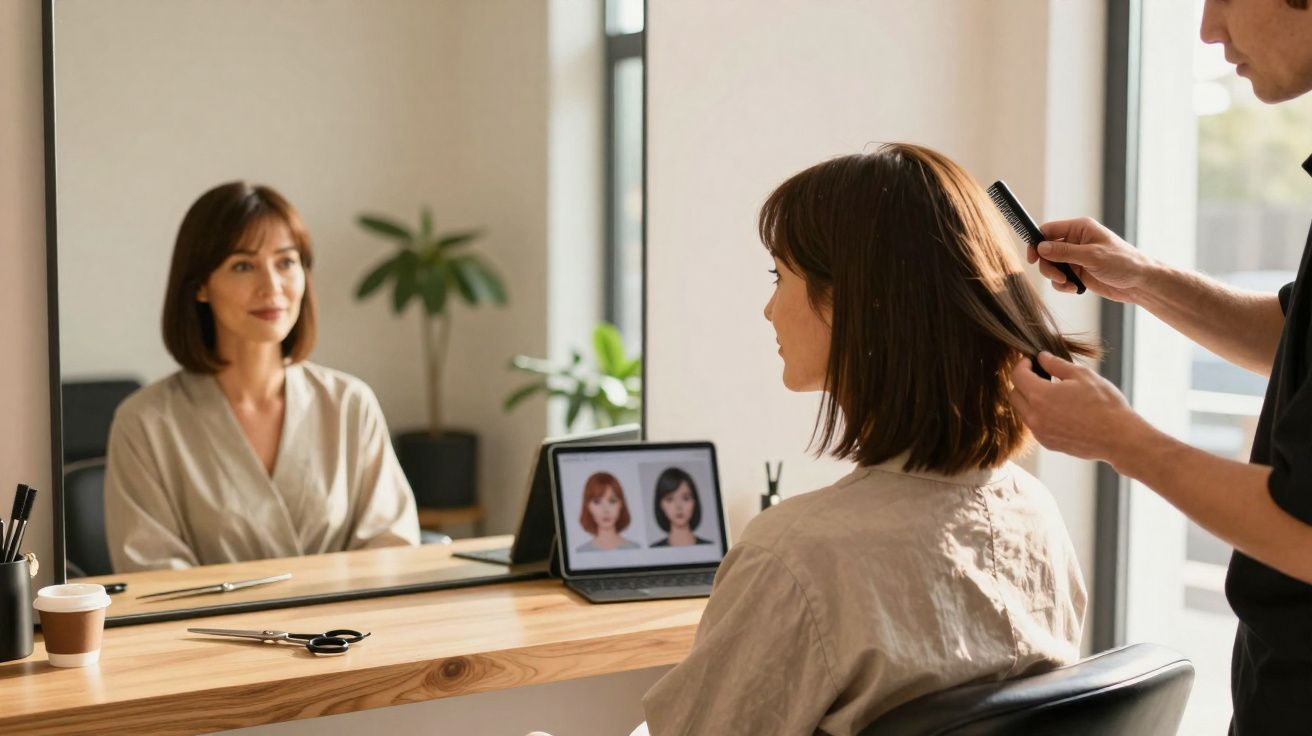 Mulher sentada em salão de cabeleireiro com cabeleireiro a pentear o seu cabelo castanho curto.