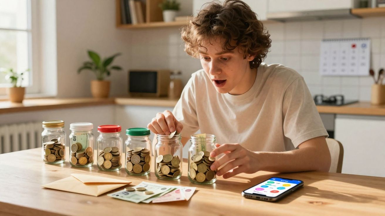 Jovem surpreendido a contar moedas em frascos na mesa de cozinha com notas e smartphone ao lado.