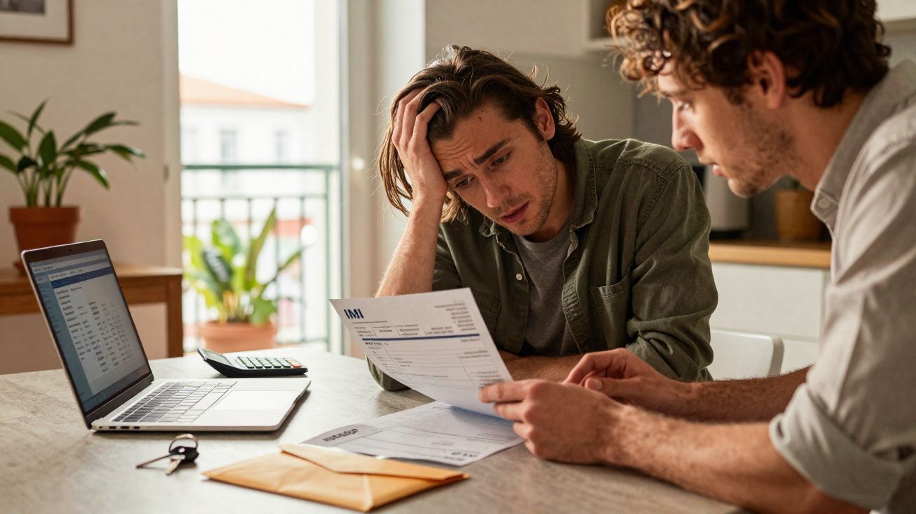 Dois homens preocupados analisam faturas e documentos financeiros sentados à mesa com laptop e calculadora.