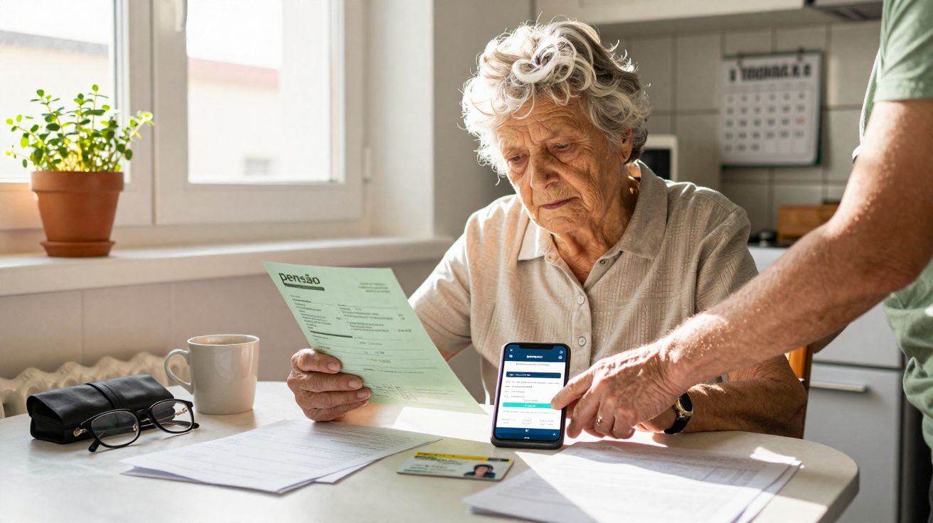 Senhora idosa a analisar documento de pensão com ajuda de pessoa a mostrar informação no telemóvel numa cozinha.