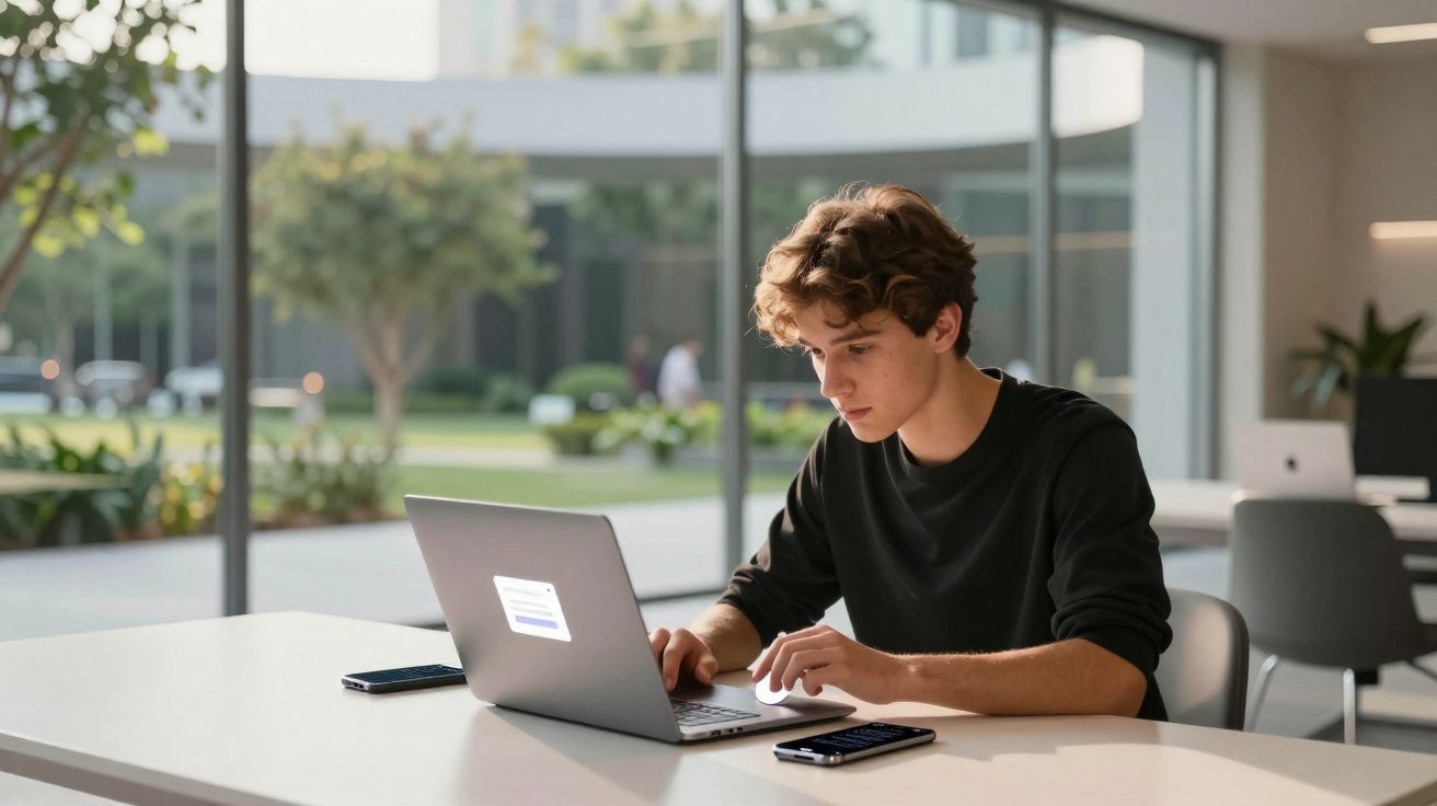 Jovem a trabalhar concentrado num computador portátil numa biblioteca ou espaço de estudo moderno com janelas grandes.