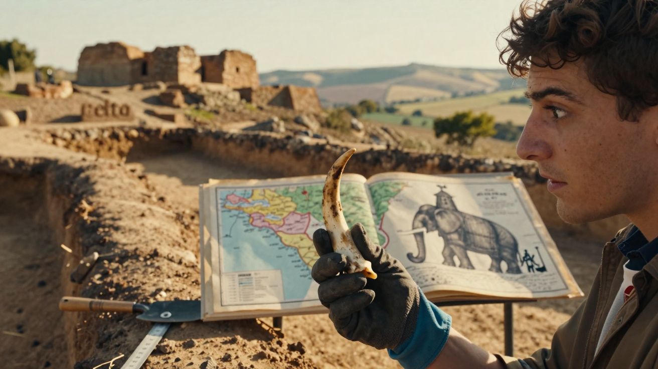Jovem arqueólogo segura um dente fóssil, com livro ilustrado de paleontologia e ruínas antigas ao fundo.
