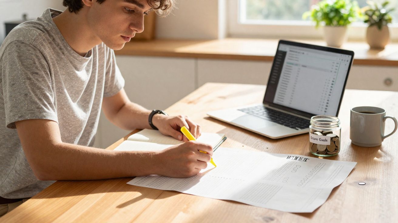 Jovem a escrever num planeador semanal com marcador amarelo, ao lado de portátil, jarro com moedas e caneca.