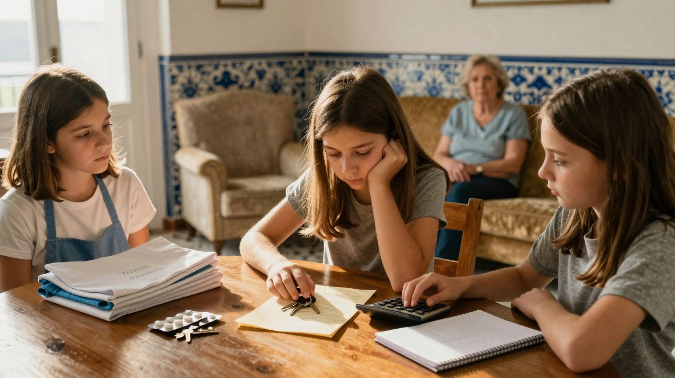 Três meninas estudam com materiais escolares numa mesa de madeira, com uma mulher sentada ao fundo.