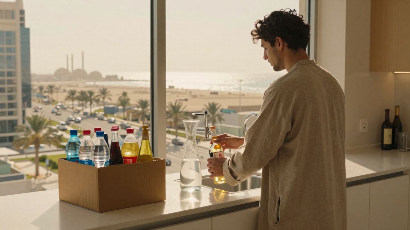 Homem a abrir uma garrafa na cozinha com vista para a praia e edifícios em dia soalheiro.