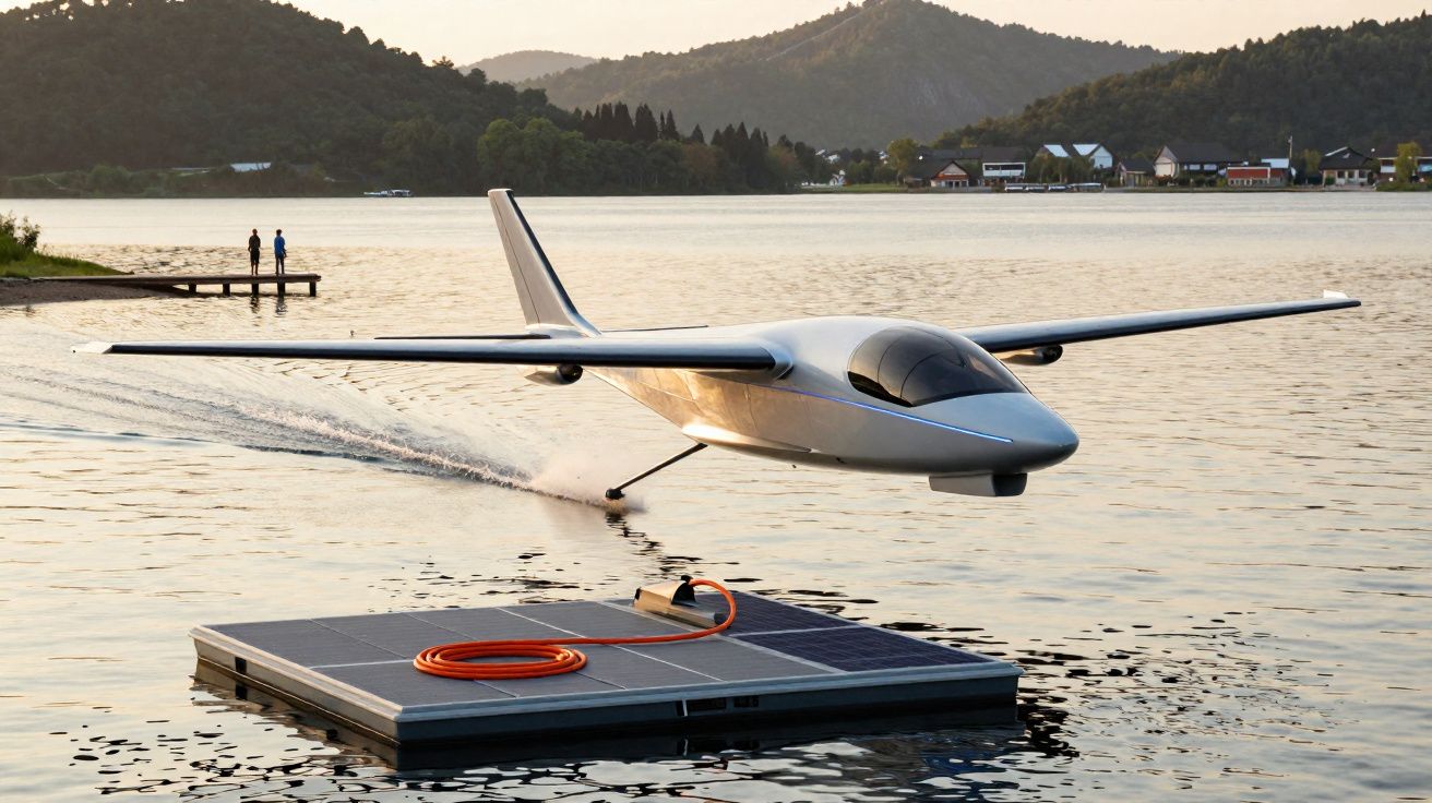 Avião hidroavião futurista branco a levantar voo numa lagoa ao entardecer, com colinas e casas ao fundo.
