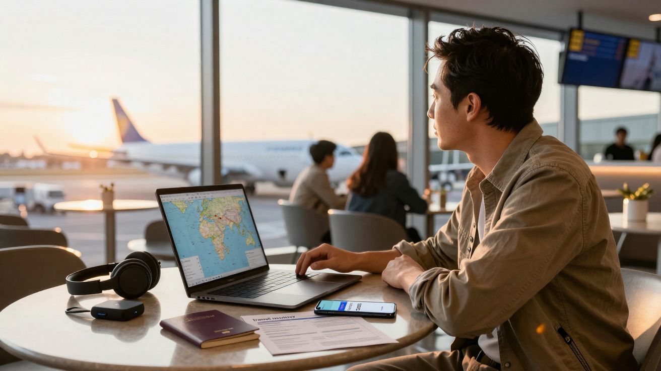 Jovem numa área de espera do aeroporto com portátil, passaporte, papel e telemóvel na mesa e avião no exterior.