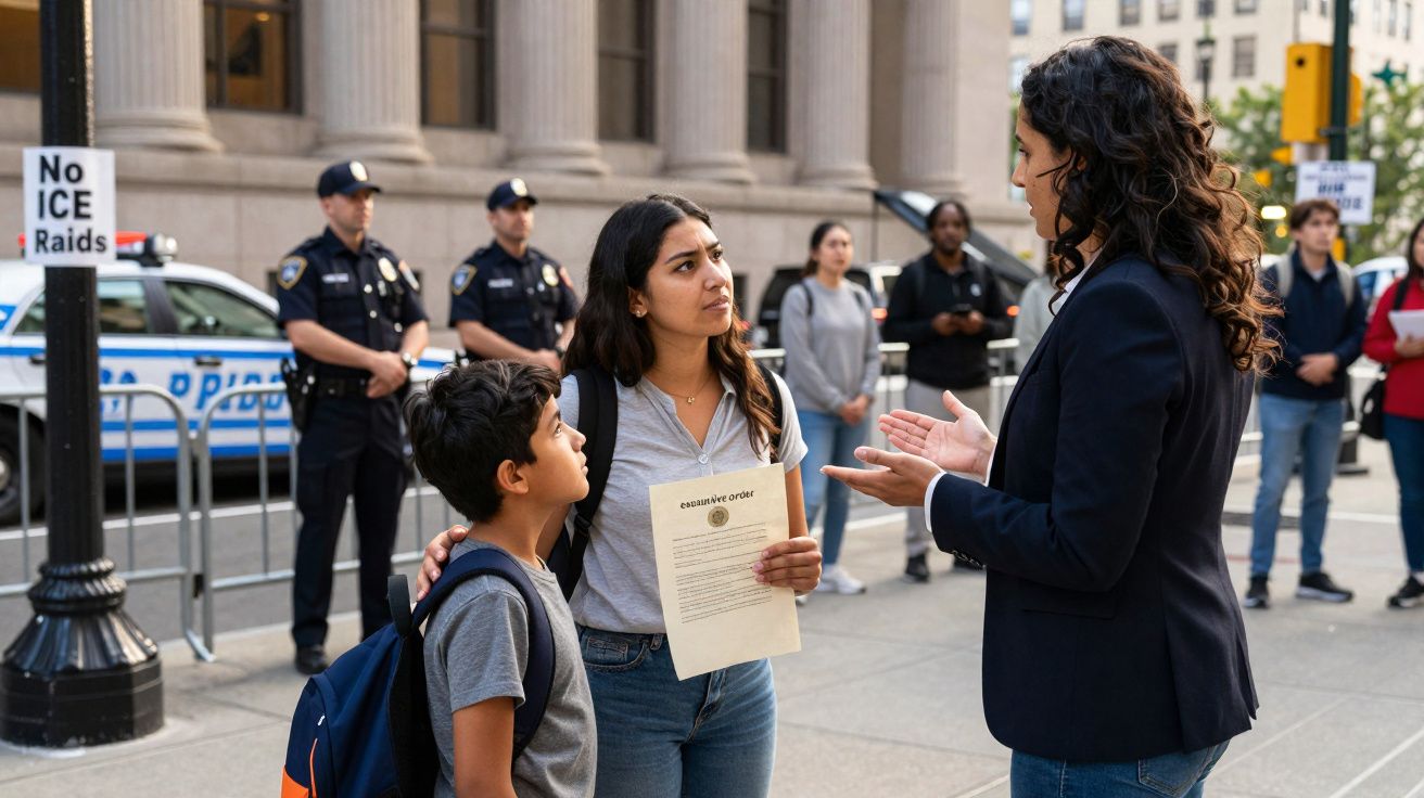 Mulher com criança conversa com outra mulher, polícia e placa "No ICE Raids" ao fundo numa manifestação na rua.