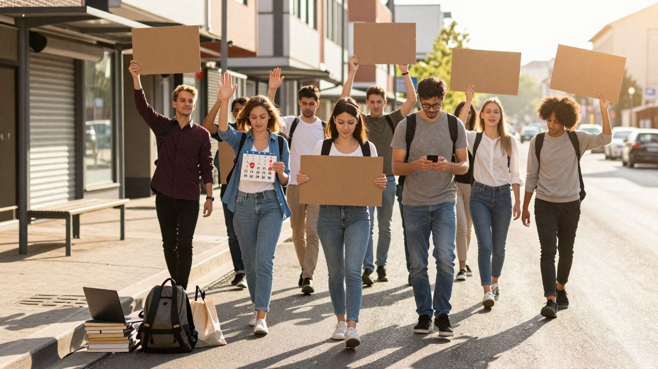 Grupo de jovens estudantes a protestar na rua com cartazes em branco, livros e mochilas ao lado.
