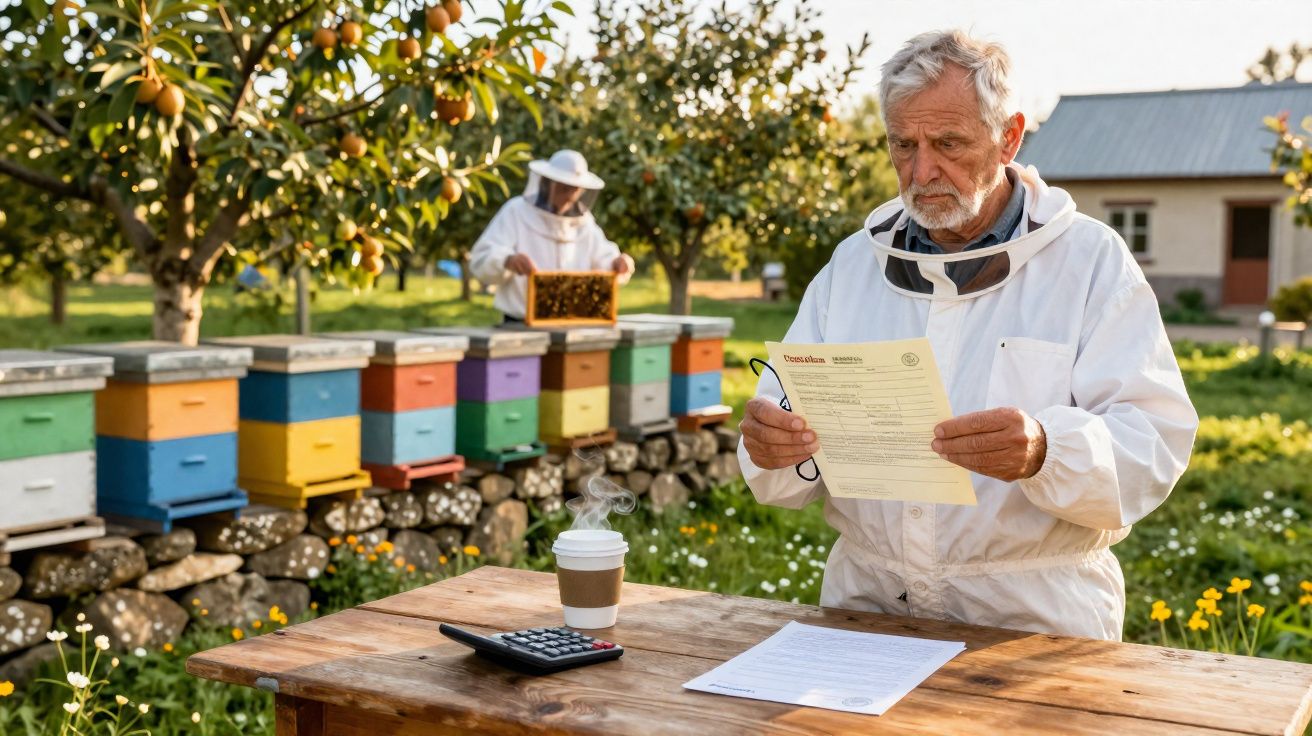 Apicultor sénior a analisar documentos perto de colmeias coloridas numa quinta com árvores e flores.