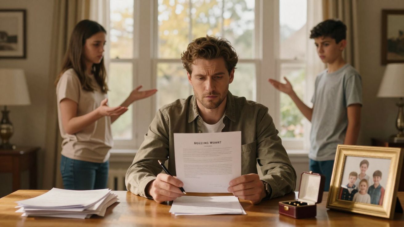 Homem preocupado a ler documento, enquanto duas crianças discutem ao fundo numa sala iluminada.