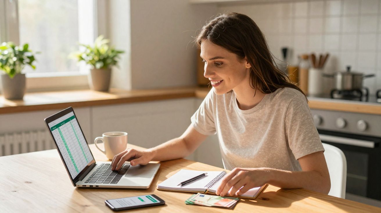 Jovem a trabalhar em computador portátil com documentos e telemóvel numa cozinha bem iluminada.