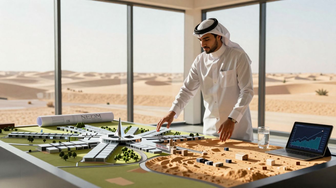 Homem árabe a analisar maquete arquitetónica de cidade futurista numa sala com vista para o deserto.