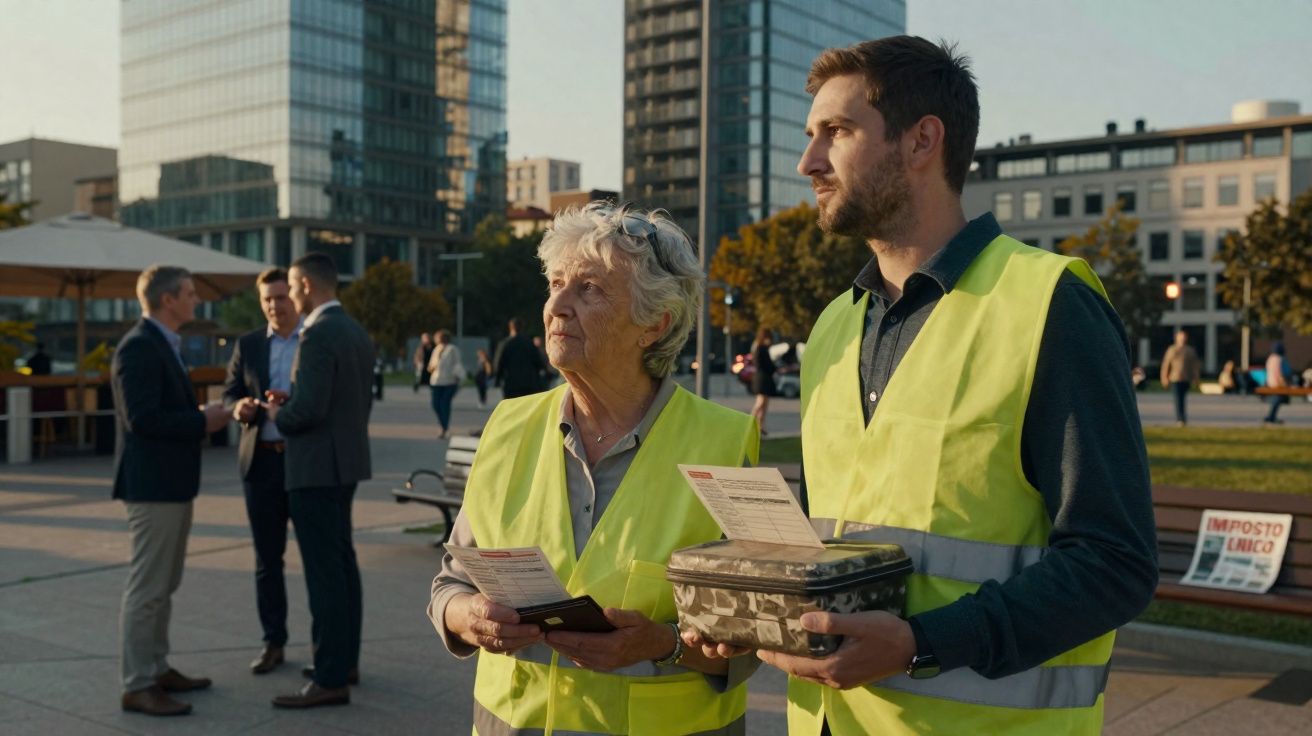 Duas pessoas com coletes amarelos distribuem panfletos num espaço urbano com edifícios ao fundo.