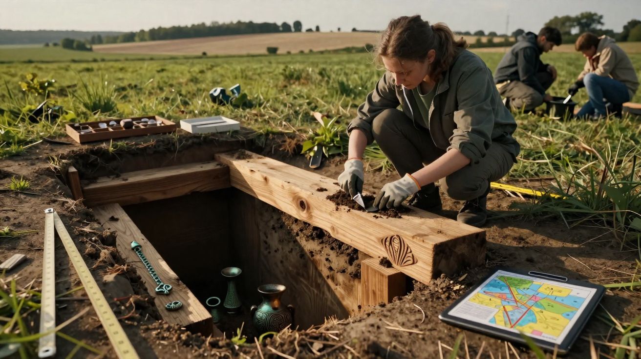 Arqueóloga a escavar artefactos numa sepultura antiga num campo aberto durante uma escavação.