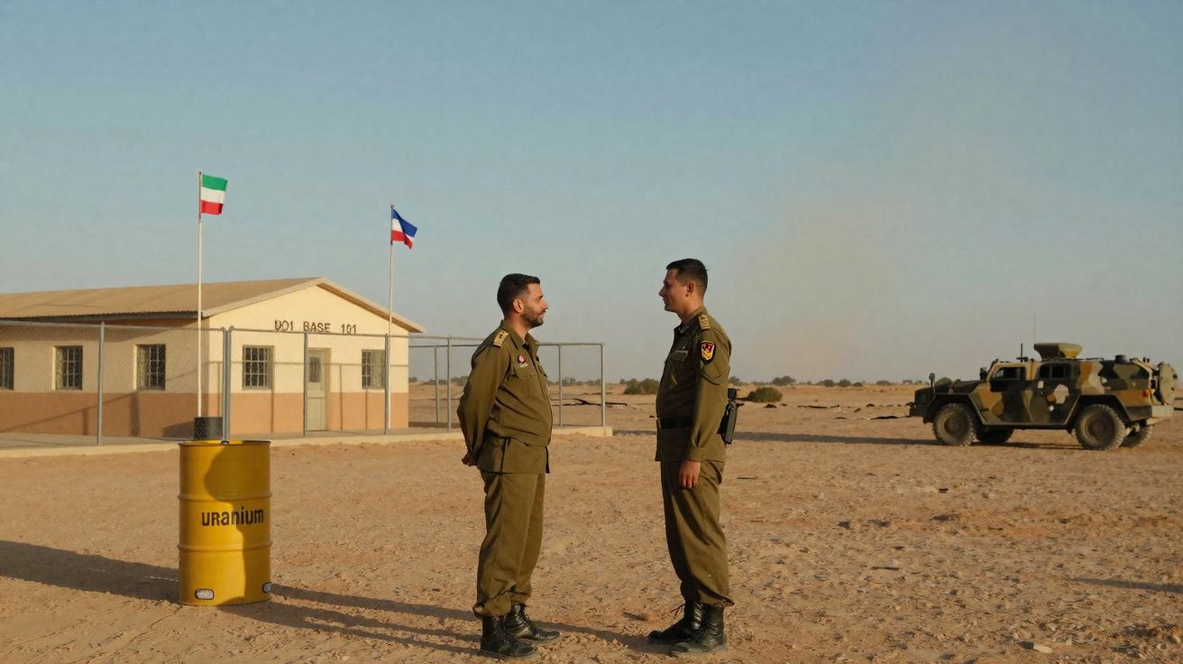 Dois soldados em uniforme militar conversam numa base desértica com um veículo militar ao fundo.