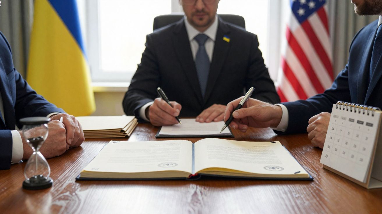 Três homens de fato assinam documentos numa mesa, com bandeiras da Ucrânia e dos EUA ao fundo.