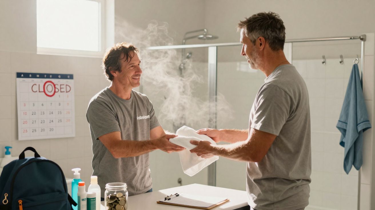 Dois homens trocam toalhas em casa de banho com vapor, sorrindo, junto a calendário e produtos de higiene.