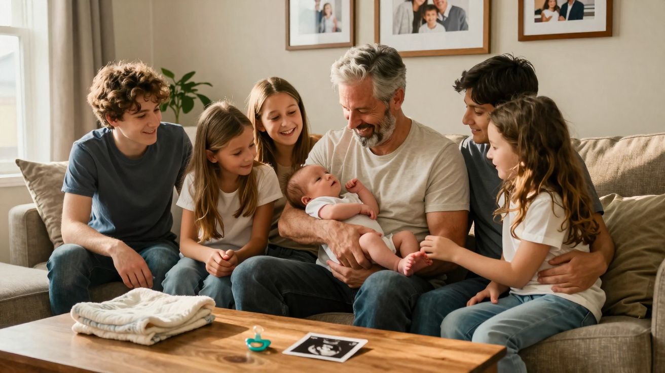 Homem com três raparigas e dois rapazes sentados no sofá a olhar e sorrir para um bebé no colo dele.