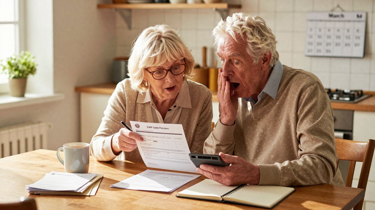 Casal sénior sentado à mesa da cozinha a analisar documentos com expressões de surpresa.