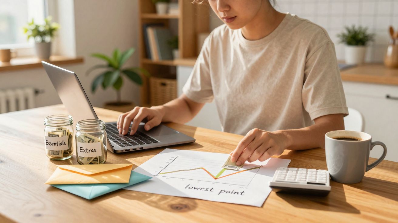 Pessoa a trabalhar finanças em casa com gráfico, computador, copos etiquetados e café na mesa.