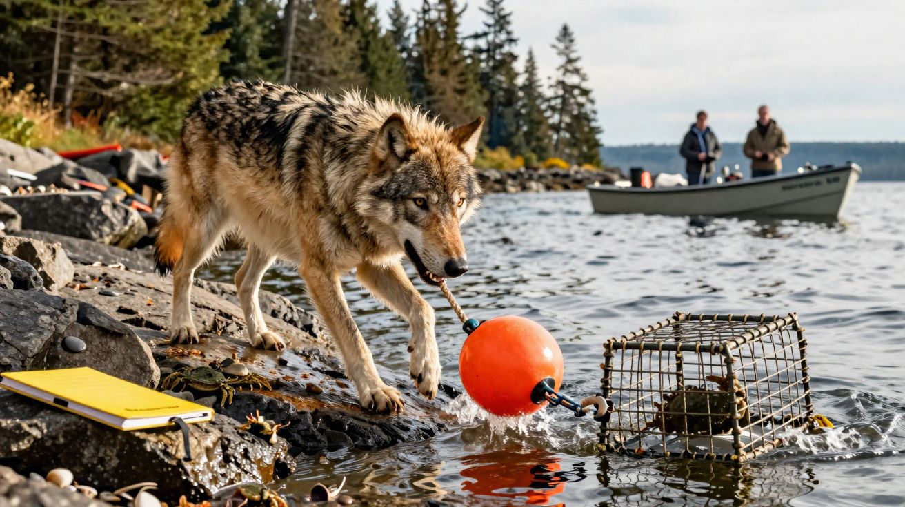 Lobo na margem de rio com armadilha e bóia laranja, barco com duas pessoas ao fundo entre árvores.