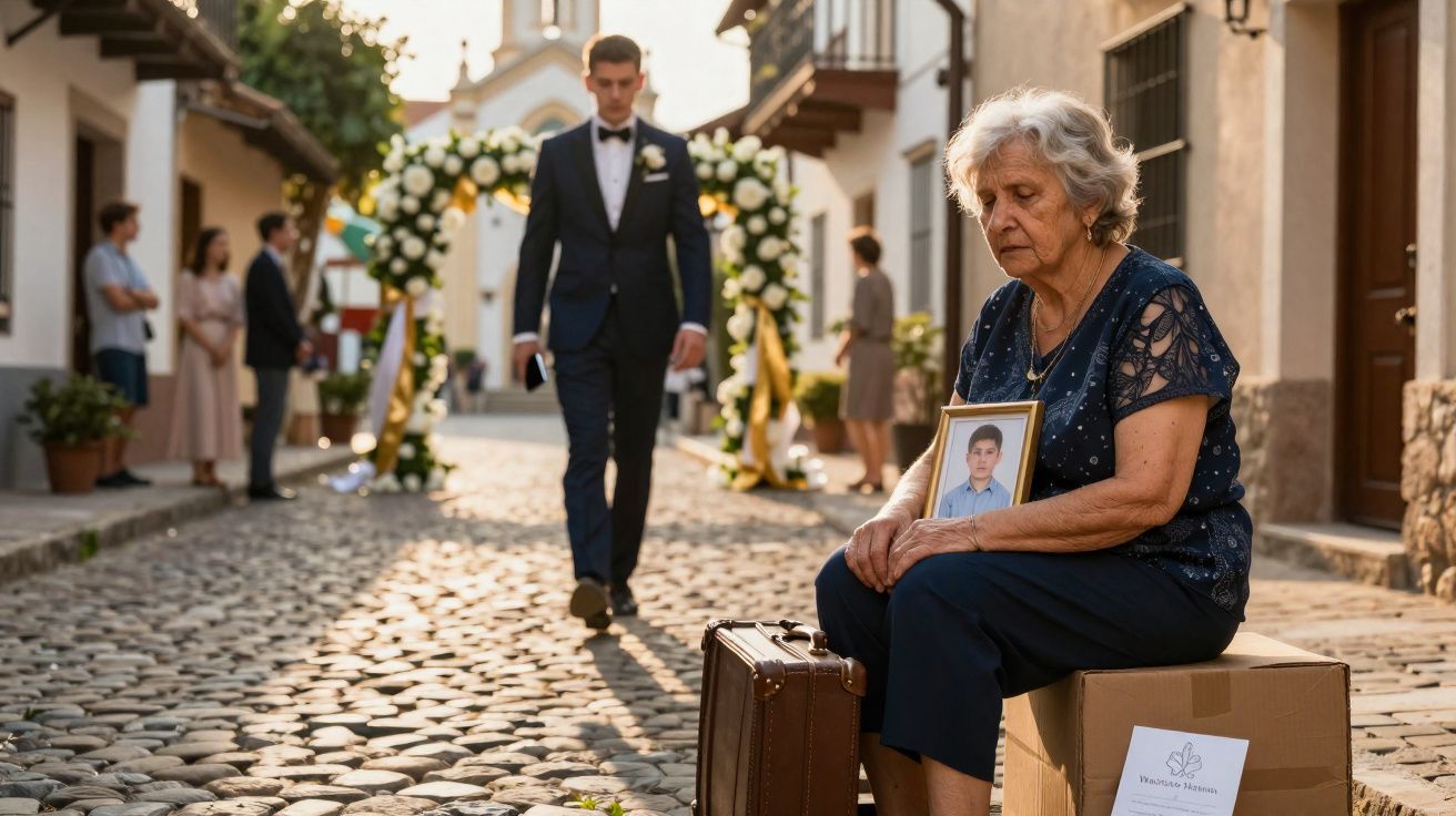 Mulher idosa sentada numa rua de pedra, segurando uma foto, com mala e caixa ao lado, enquanto pessoas se reúnem ao fundo.