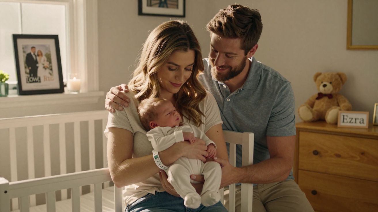 Casal jovem sentado na cama do bebé, a mãe segura o recém-nascido enquanto o pai observa carinhosamente.