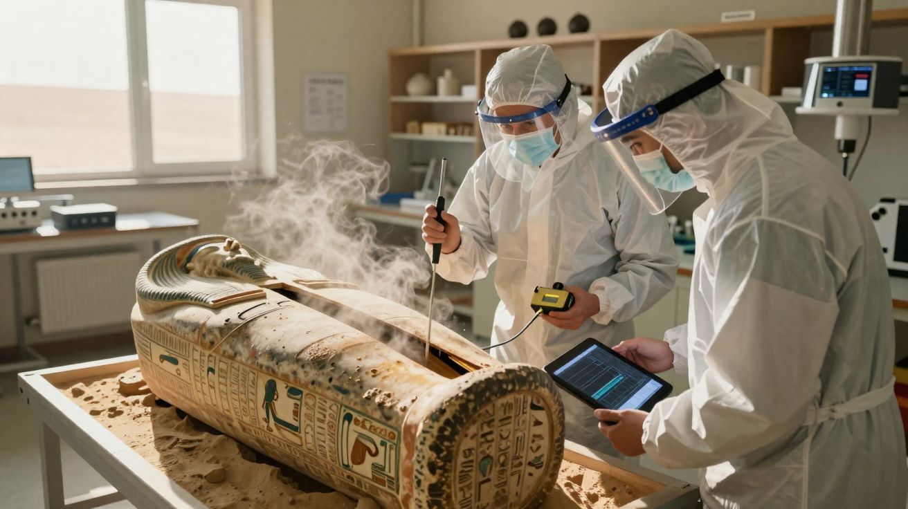 Dois peritos em trajes de proteção analisam um sarcófago egípcio antigo num laboratório.