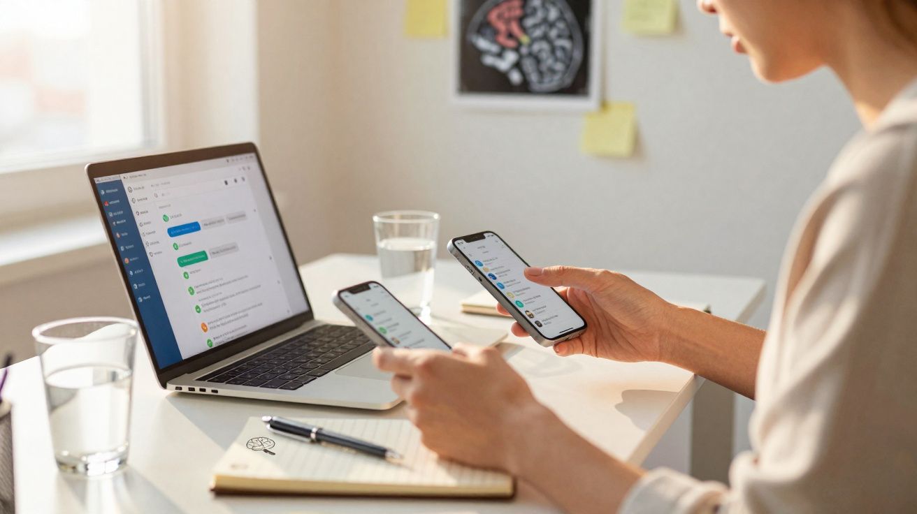 Pessoa a usar dois telemóveis e um portátil num escritório com notas e copos de água sobre a secretária.