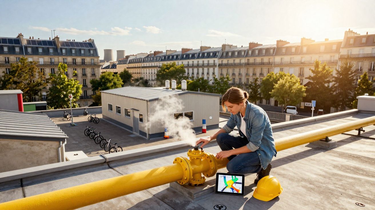 Mulher com roupa de trabalho verifica válvula de gás amarela num telhado urbano ao pôr do sol, com capacete e tablet ao lado.