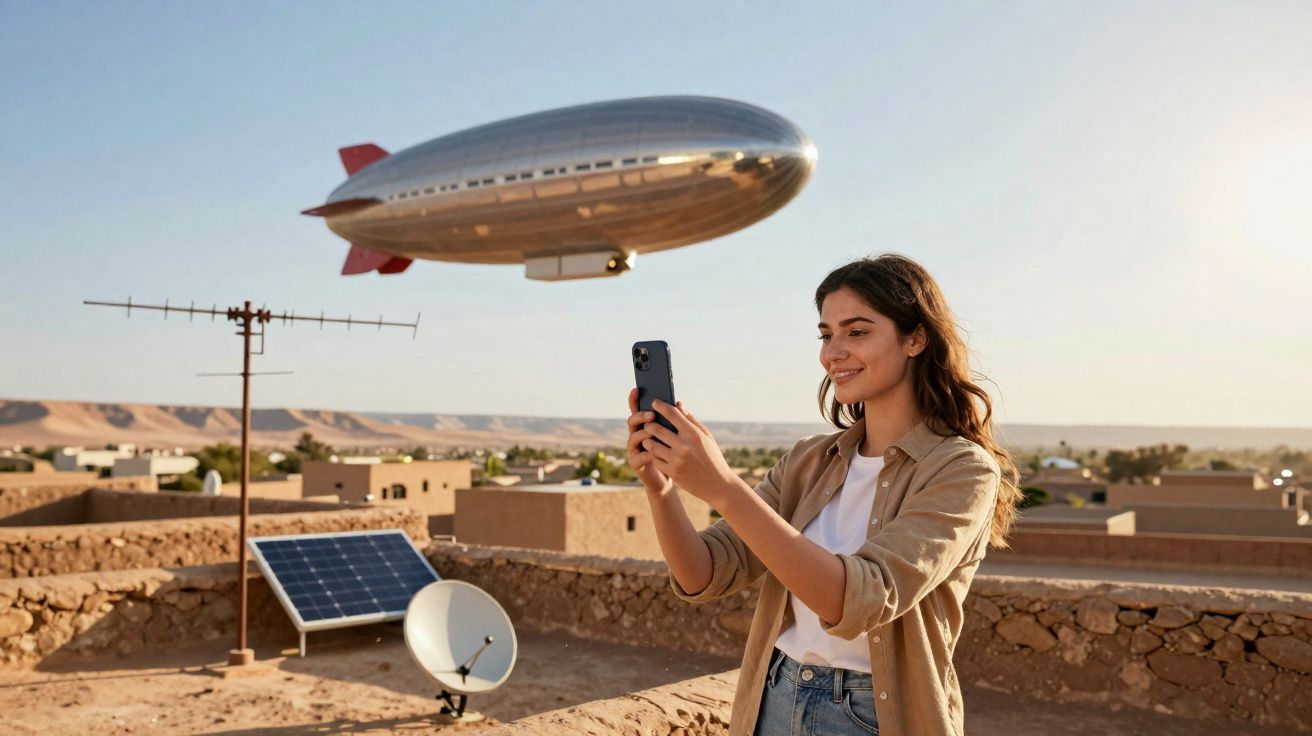Mulher a tirar foto com telemóvel no terraço de uma casa, com zepelim a sobrevoar o deserto ao fundo.