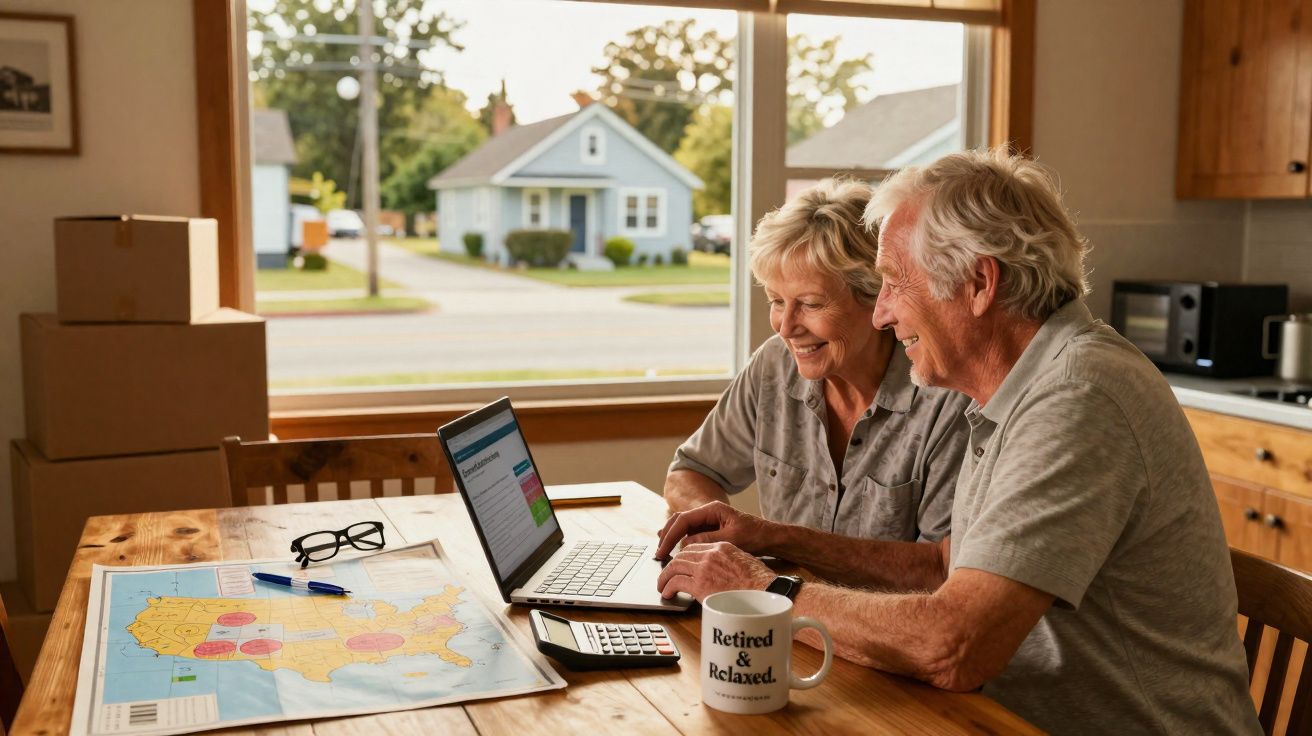 Casal sénior a usar portátil numa mesa com mapa, calculadora e caneca, numa casa iluminada.