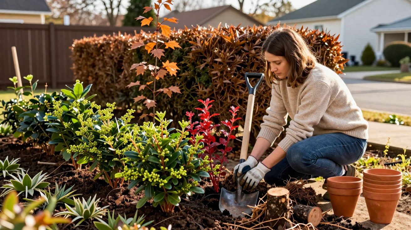 Mulher a plantar e cuidar de plantas num jardim ao ar livre, com pás e vasos ao lado.