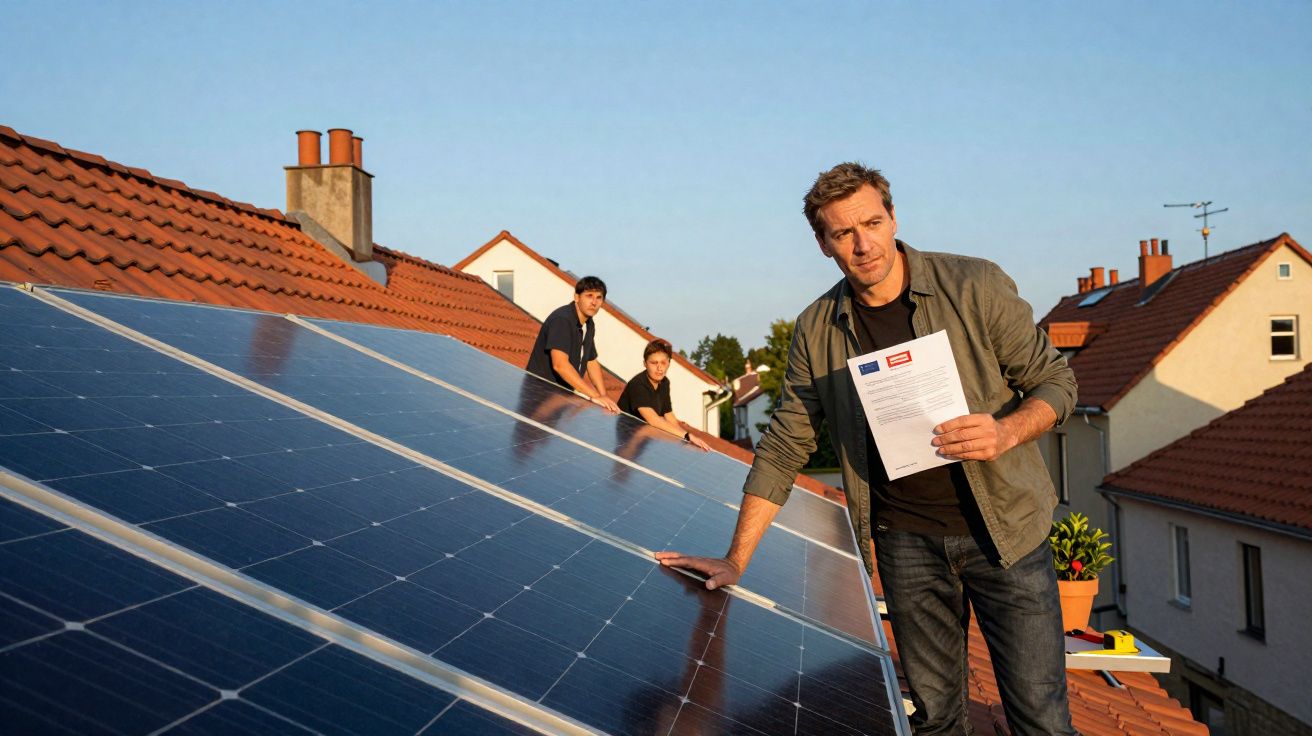 Homem segura documento junto a painéis solares no telhado, com duas pessoas ao fundo ajudando na instalação.