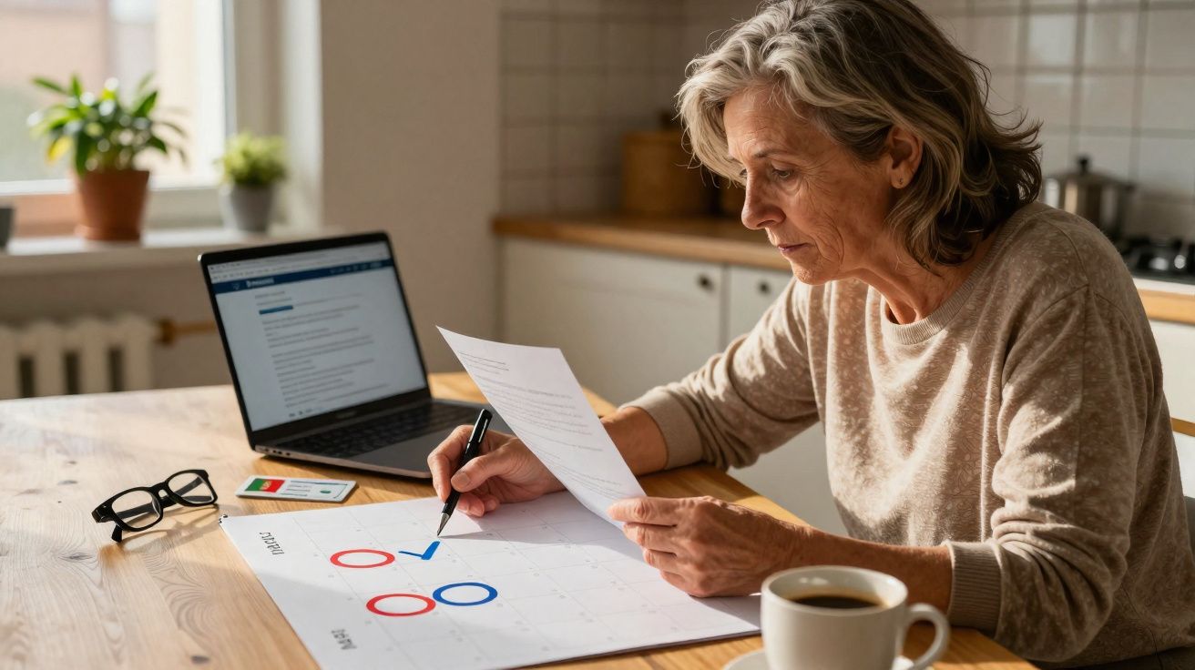 Senhora adulta sentada à mesa, a marcar datas num calendário com caneta, com laptop e chávena de café.