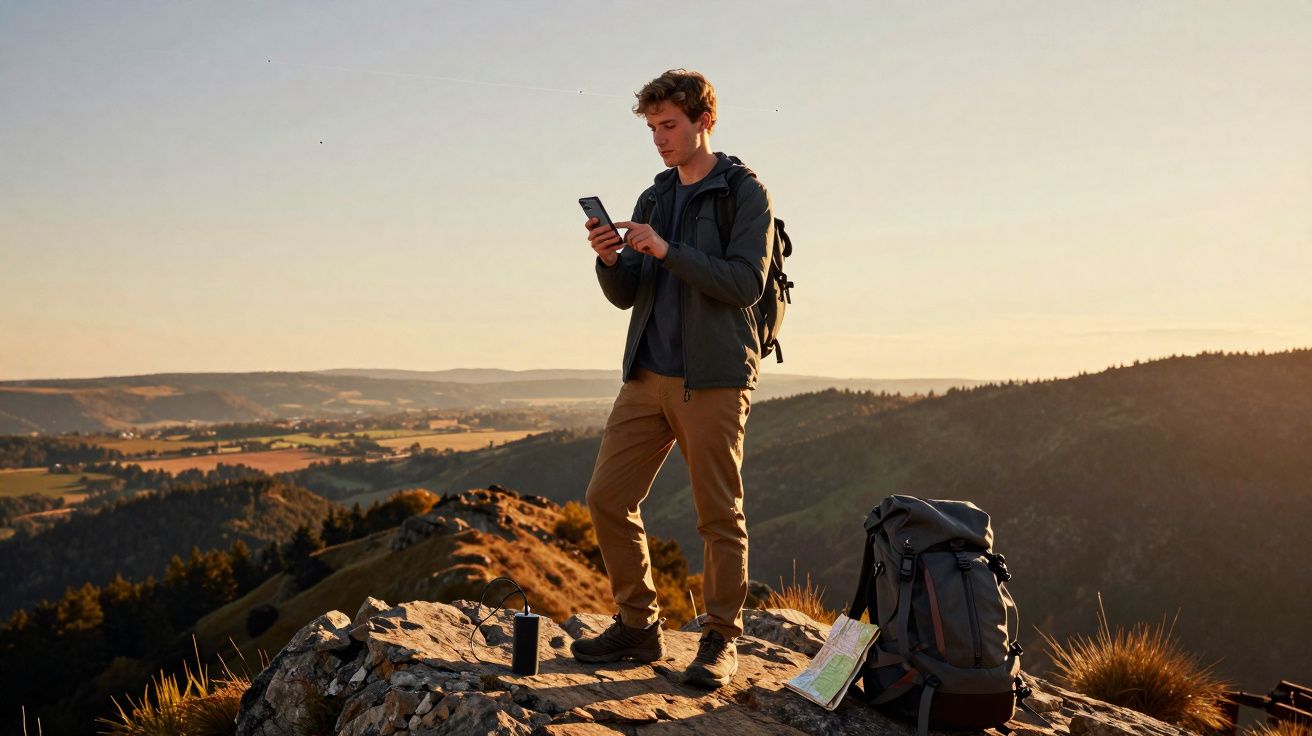 Jovem com mochila consulta telemóvel no topo de uma montanha ao pôr do sol com mapa no chão.