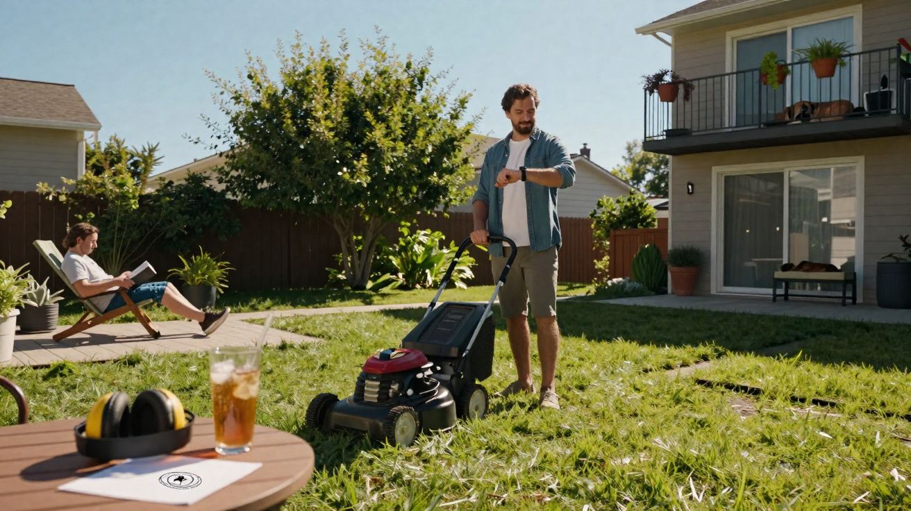 Homem a cortar relva no jardim enquanto outro lê numa espreguiçadeira numa tarde solarenga.