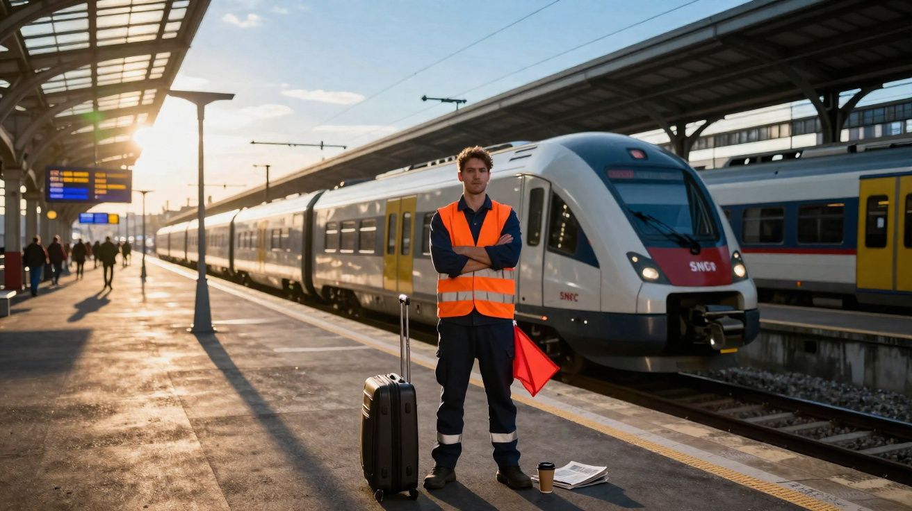 Homem com colete laranja junto a comboio numa estação ao pôr do sol com mala e sinal vermelho na mão.
