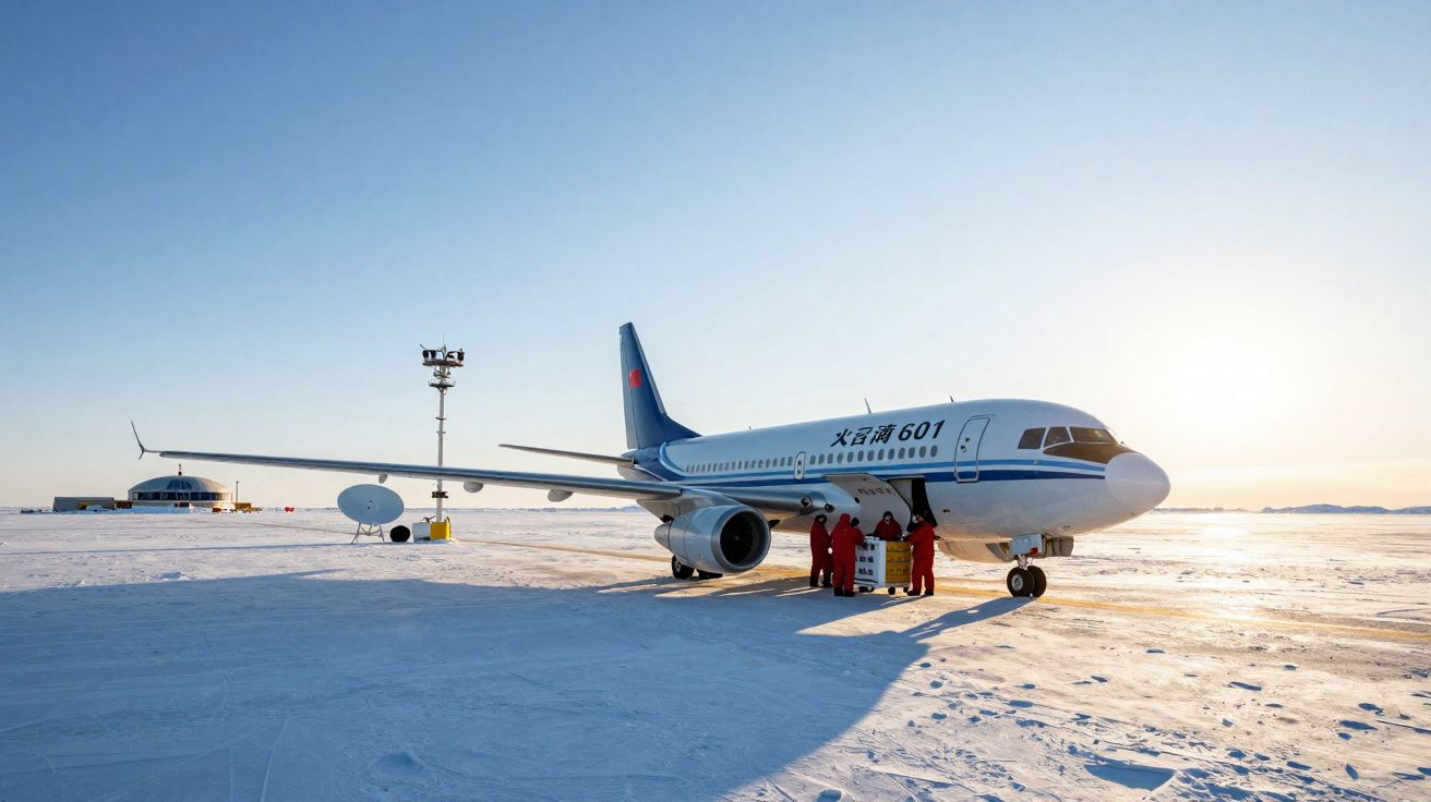 Avião estacionado em pista coberta de neve com pessoas vestidas de vermelho junto à entrada, sol ao fundo.