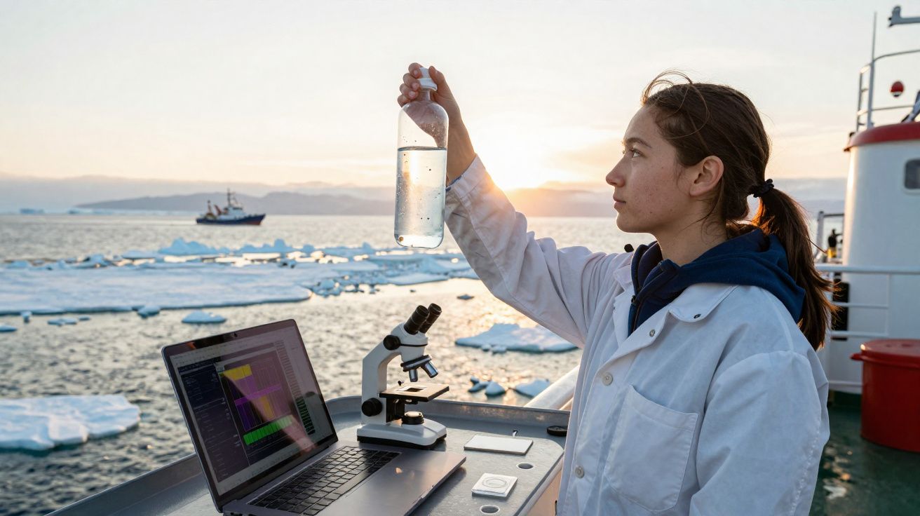 Mulher cientista segura garrafa com água do mar em pesquisa na Antártida com gelo e laptop ao fundo.