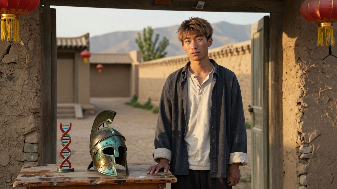 Jovem ao ar livre apoiado numa mesa com capacete grego antigo e modelo de estrutura de ADN.