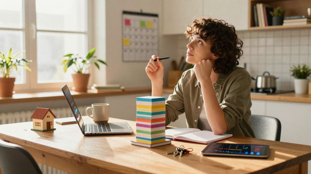 Mulher pensativa sentada à mesa com laptop, tablet e blocos de notas coloridos numa sala iluminada.