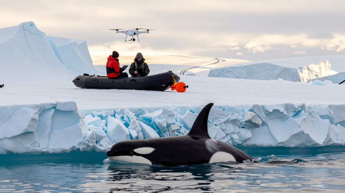 Orca a nadar perto de icebergues com duas pessoas numa pequena embarcação e um drone a sobrevoar.