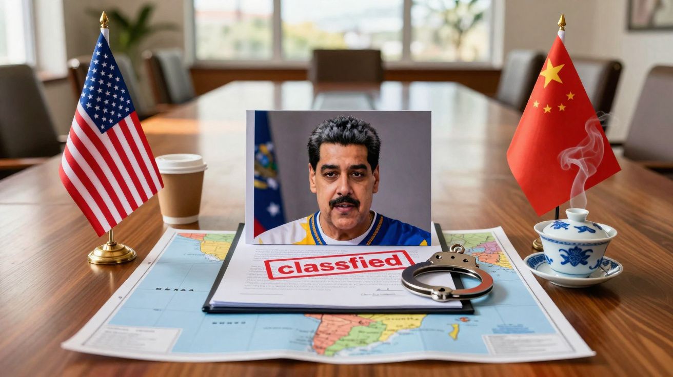 Mesa com bandeiras dos EUA e China, mapa da América do Sul, foto de homem, algemas, e documento confidencial.