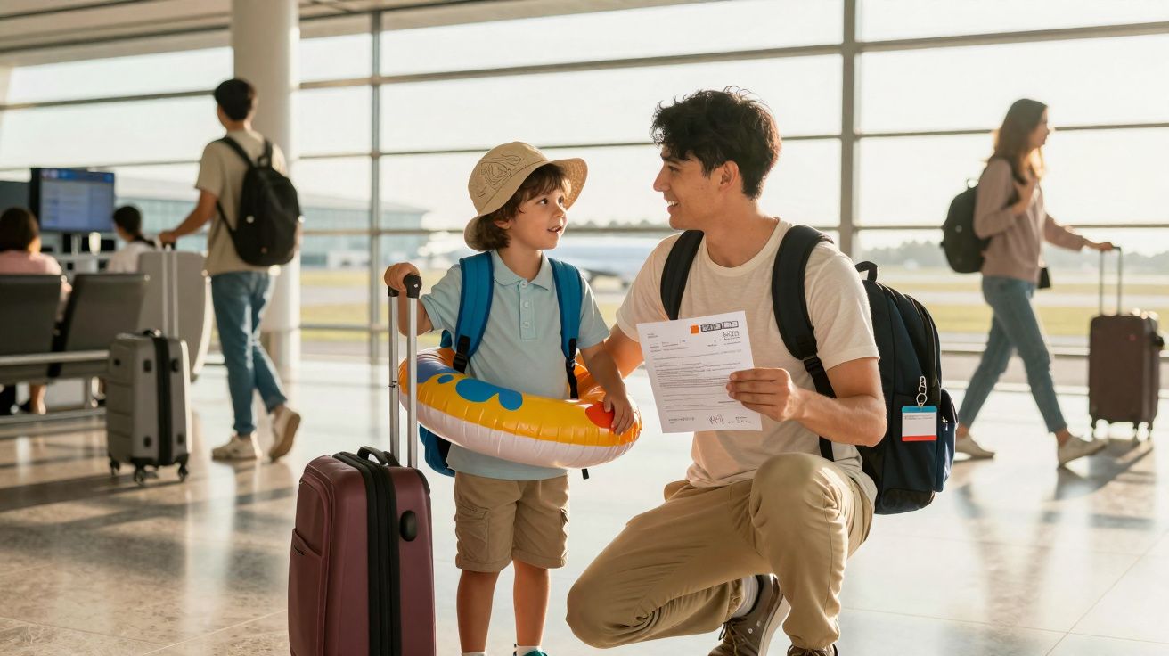 Pai e filho conversam no aeroporto, ambos com mochilas e malas, prontos para viajar.