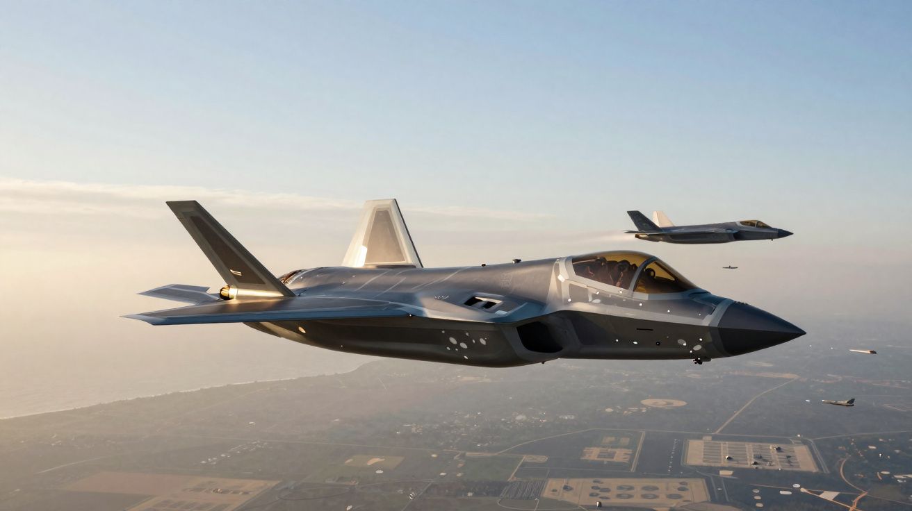 Dois aviões de caça furtivos em voo sobre uma paisagem urbana ao entardecer.