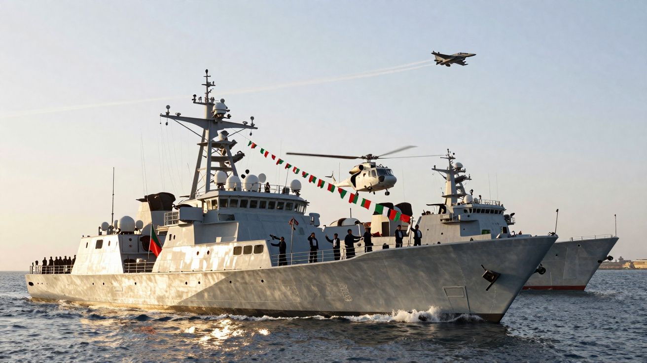 Dois navios militares no mar com soldados a bordo, helicóptero a descolar e avião militar no céu claro.